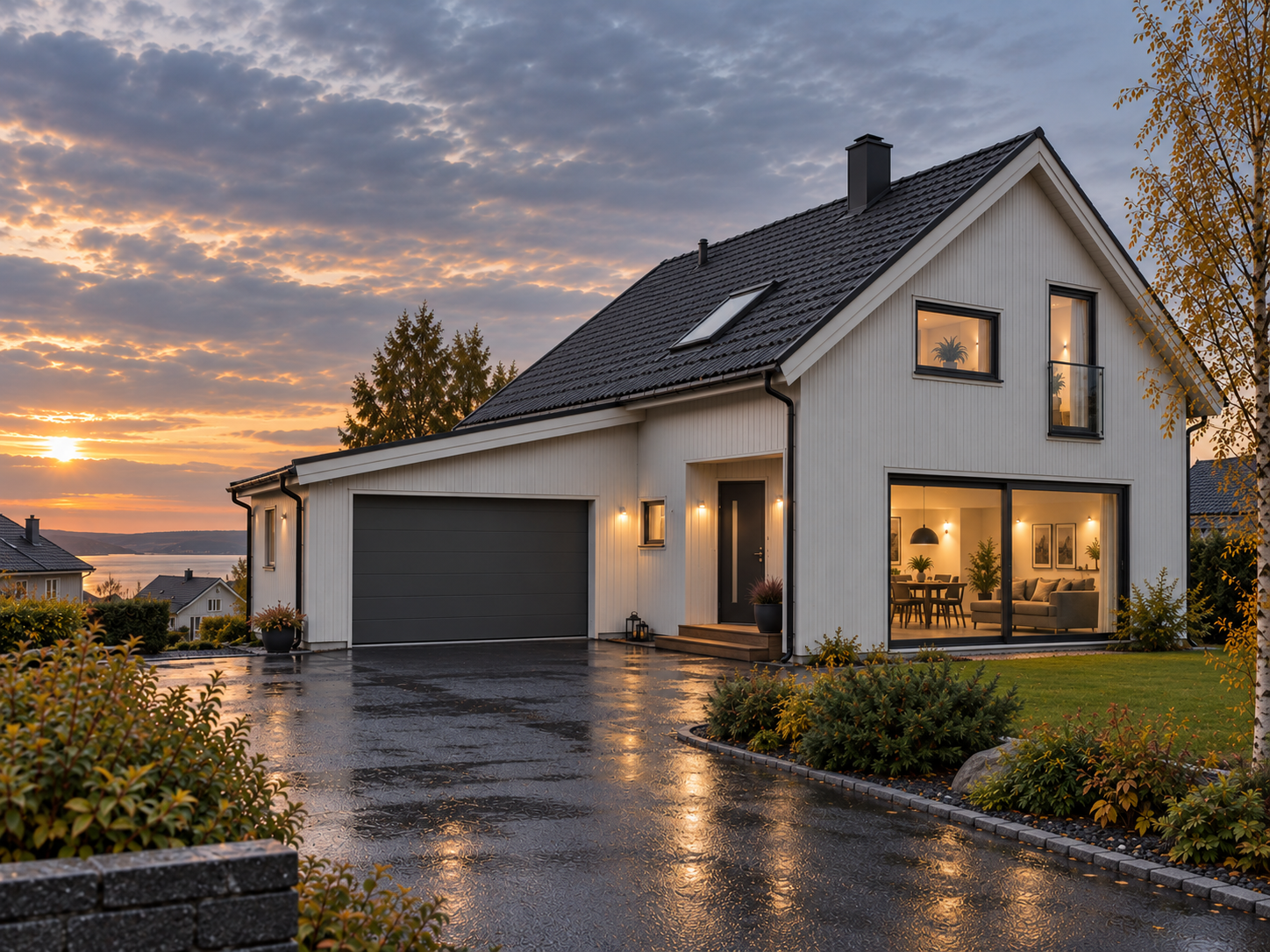 Hvit bolig i høstlys med mørke vinduer, stort terrasseglass, inngangsdør og garasjeport